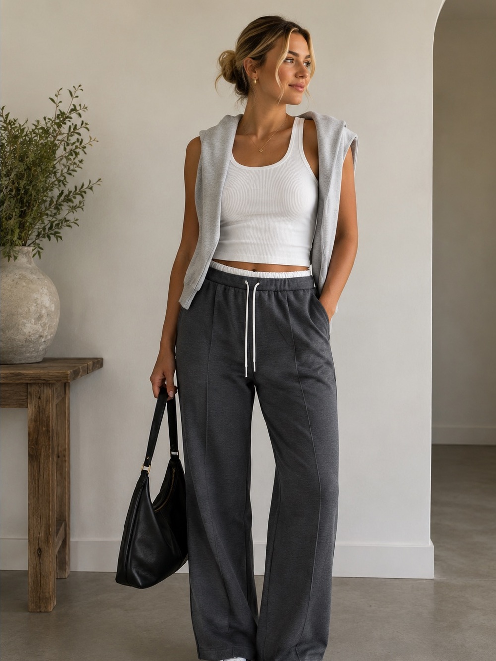 Zara Gray Wide Leg Pants with White Drawstring